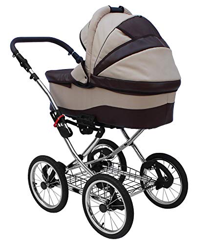 SKYLINE Klassisch Retro Stil Kombi-Kinderwagen Buggy 3in1 Reise System Autositz (Isofix) (Beige/14"Luft Bereifung)