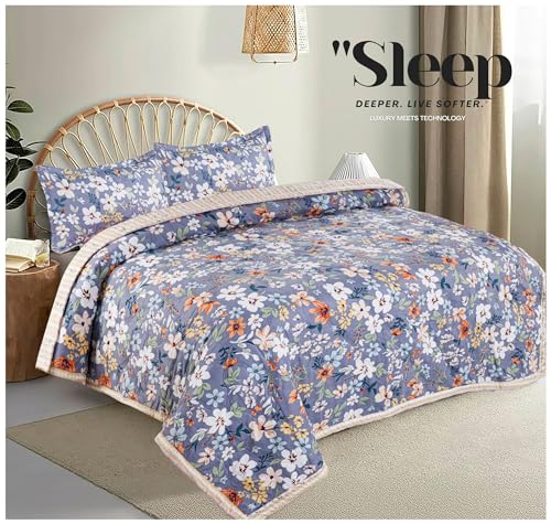 Image of Amazon Brand - Umi 100% Cotton Quilted /Ultrasonic 280 Tc Printed King Size Soft Bed Cover /Bedsheet /Bedspread Comforter with 2 Pillow Shams /Cover, (Luxurious, 90 x100 inches, Blue & White & Orange)