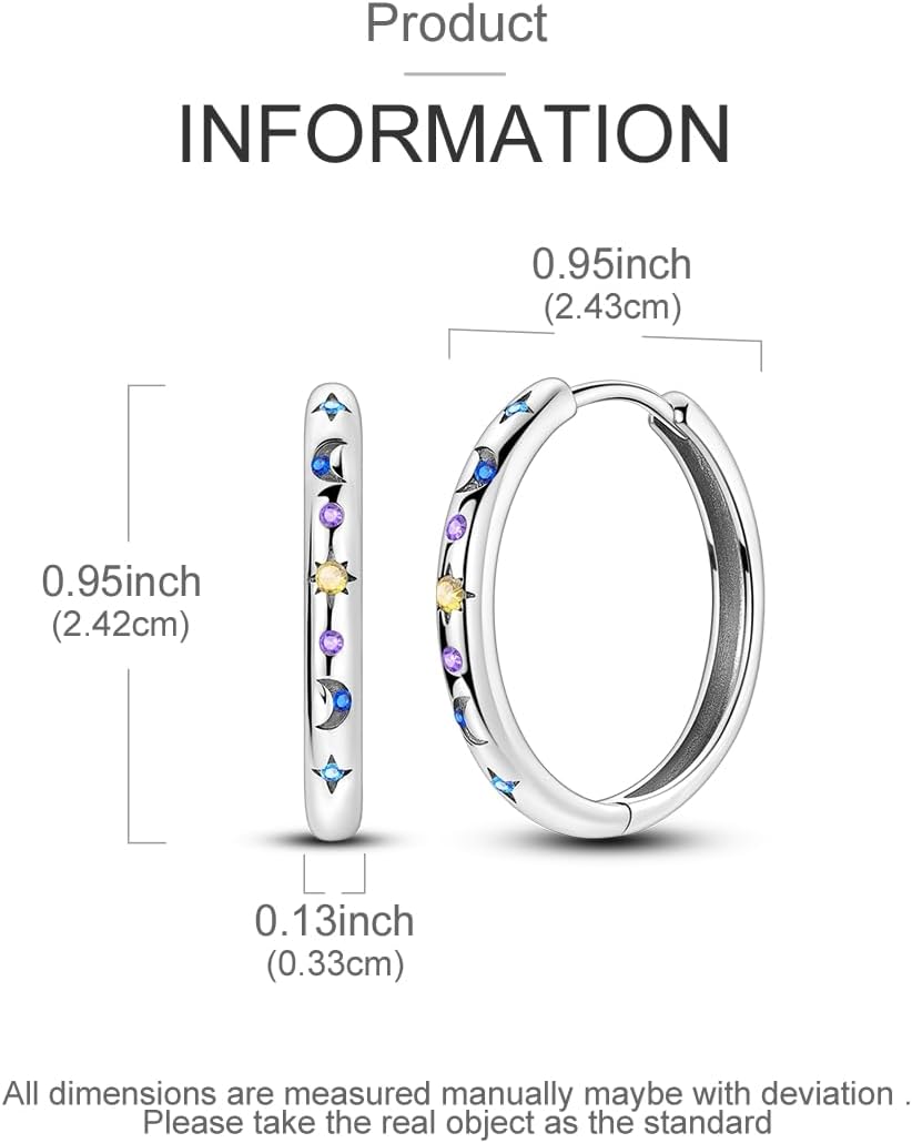 Hapour Sterling Silver Cubic Zirconia Hoop Earrings for Women Teen, Hypoallergenic Rhinestone Earrings Sparkly Crystal Moon Star Hoops