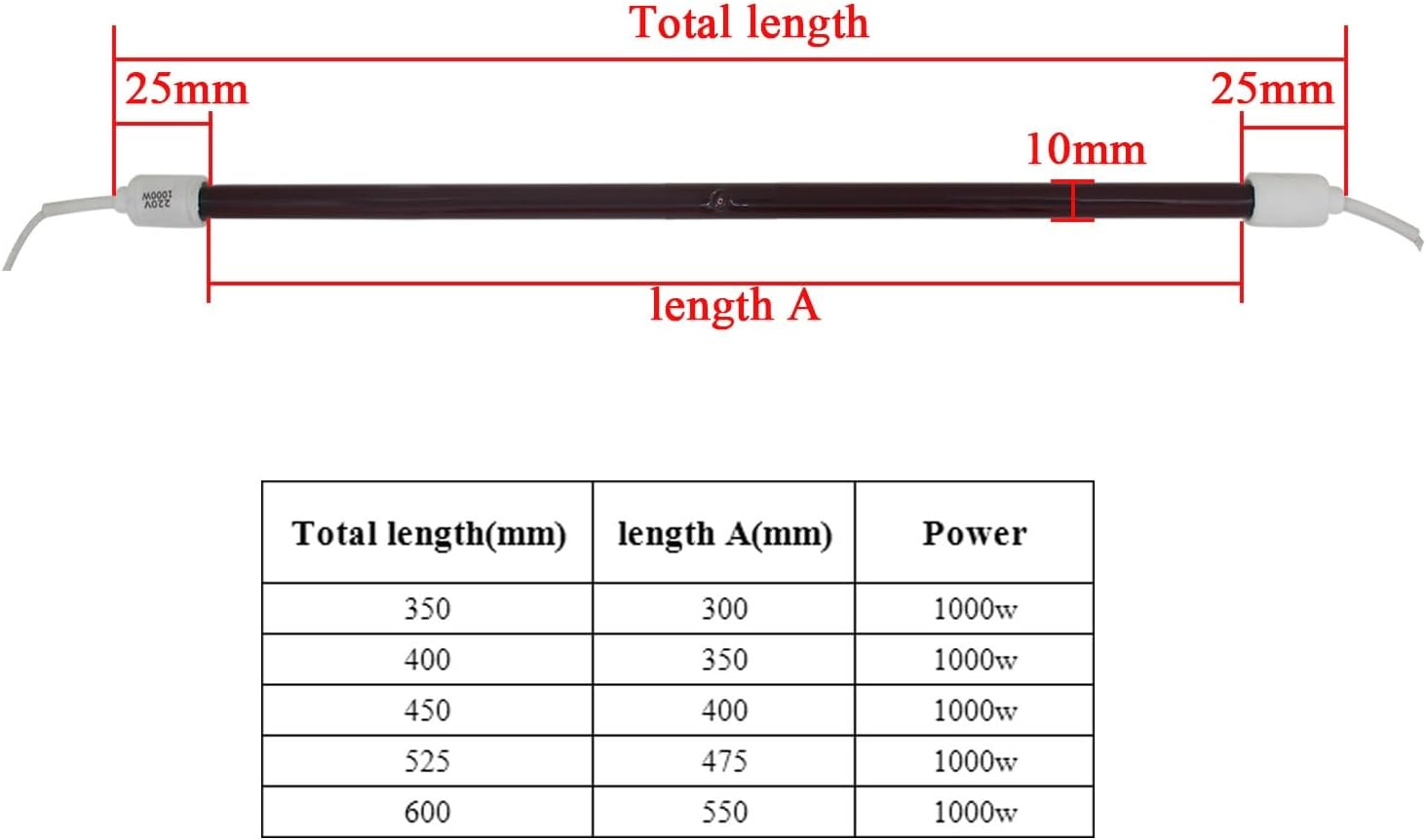 Quartz heater tube Quartz tube infrared heater halogen heater infrared paint curing lamp high temperature paint room heater(35cm,1piece)