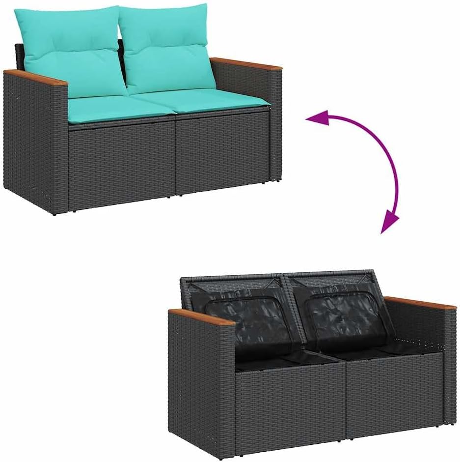 6 Piece Black Poly Rattan Garden Sofa Set with Cushions, Water-Resistant Storage Bag, Removable Washable Covers, Versatile Footstool, Durable Steel Frame for Patio Backyard
