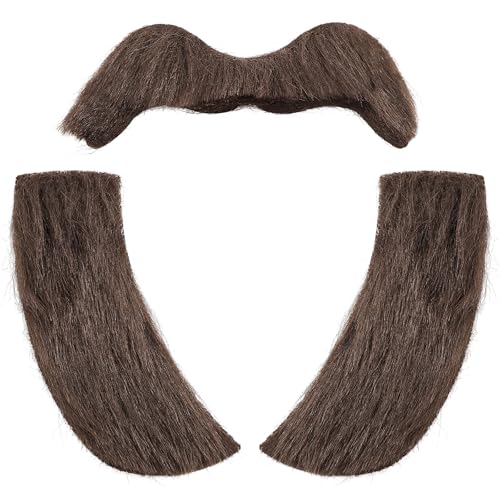 WILDREEDS Fake Mustaches Self-Adhesive Novelty Fake Beard Sideburns False Facial Hair for Halloween Cosplay Costume and Festival Party - Brown (Suitable for children over 3 years old)