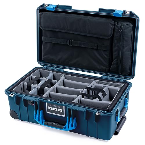 ColorCase Pelican Air 1535 Carry-on Case Deep Pacific Blue - Medium Size Waterproof Case with Gray Padded Microfiber Dividers & Laptop Computer Lid Pouch - Blue Handles & Latches