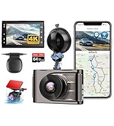 4K Dash Cam Front and Rear Camera WiFi GPS Dashcam Car Dash Camera APP Control 170°Wide Angle WDR...