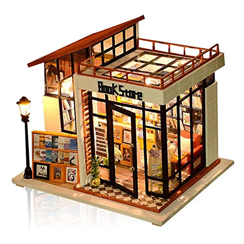 erhumama DIY Puppenhaus Miniatur-Möbel-Kits Buchladen Puppenhaus LED-Licht 3D Holzhaus Modell Kreatives Zimmer Weihnachten Geburtstag Geschenk für Kinder Freund Cover
