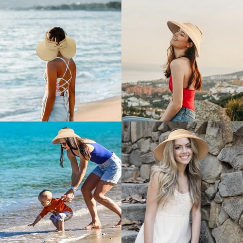 Image of NPQQUAN Sun Visor Hats for Women Wide Brim Ponytail Straw Beach Hat Packable Foldable UPF 50+ Floppy Travel Hats