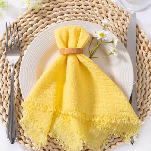 Image of Cloth Napkins with Fringe 6 Pack 17 inchx17 inch Boho Cotton Linen Napkins Yellow | Washable Dinner Napkins Rustic Fringed Gauze Napkins Cloth for Wedding Party Bridal Baby Shower Birthday Decor