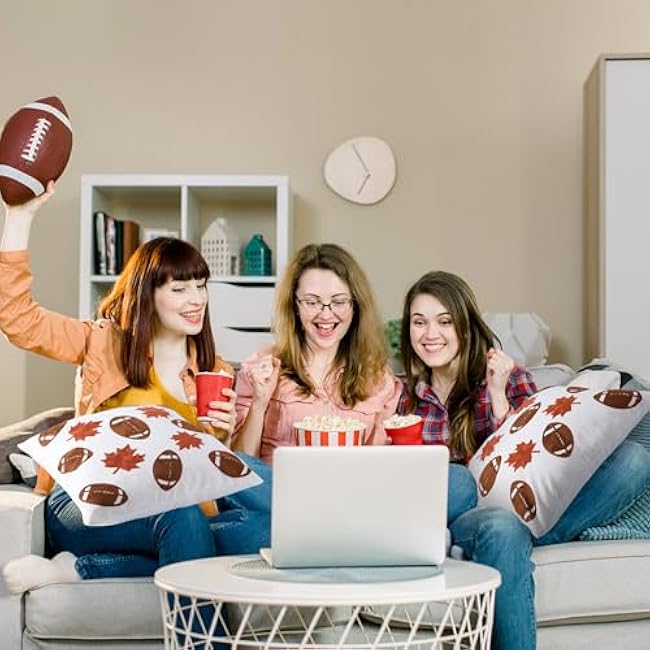 2 Packs Fall Football Embroidered Pillow Covers 18 x 18 Inch Autumn Maple Leaf Rugby Decorative Throw Pillow Covers Brown Farmhouse Pillowcases for Thanksgiving Sofa Bed Home Party Supplies Gifts