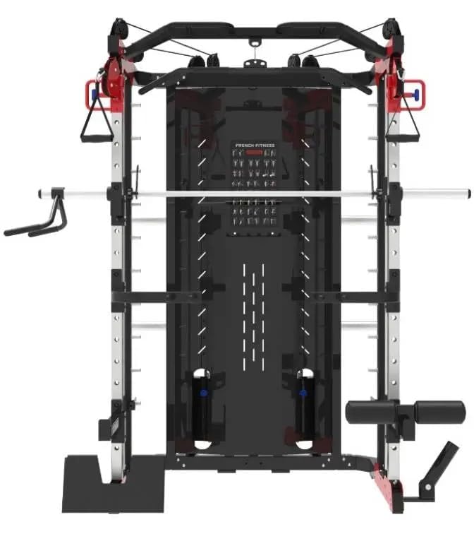 French Fitness FSR60 Functional Smith & Squat Rack Home Gym – All-in-One Machine with Smith Bar, Squat Rack, LAT Pulldown, Pull-Up Bar, and Optional Attachments (Red / Black, 286 lbs x 2)