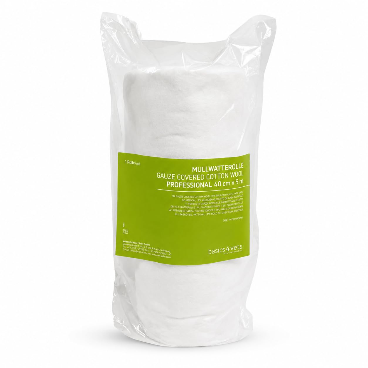 Basics4vets Mullwatterolle | 40 cm x 5 m | Verbandwatte mit Gaze/Netz speziell für Pferde | 100 % Baumwolle