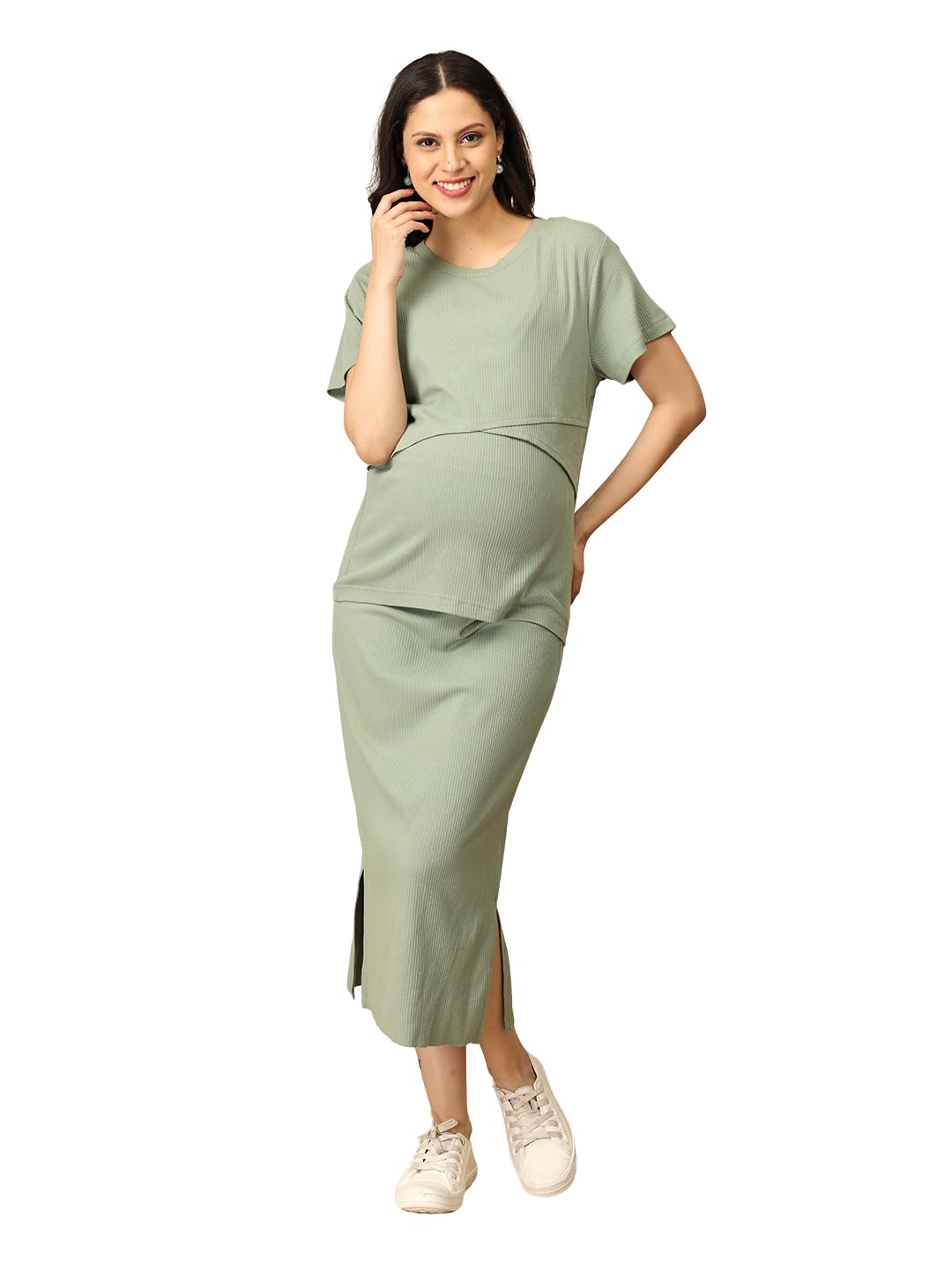 Ribbed Maternity and Nursing Co Ord Skirt Set | Stylish Pregnancy & Postpartum Wear for Women | Feeding Outfit for New Moms | Criss Cross Nursing Access-image-20