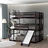 Triple Bunk Bed with Slide, Full Over Full Over Full Bunk Bed Convertible Triple Beds for...