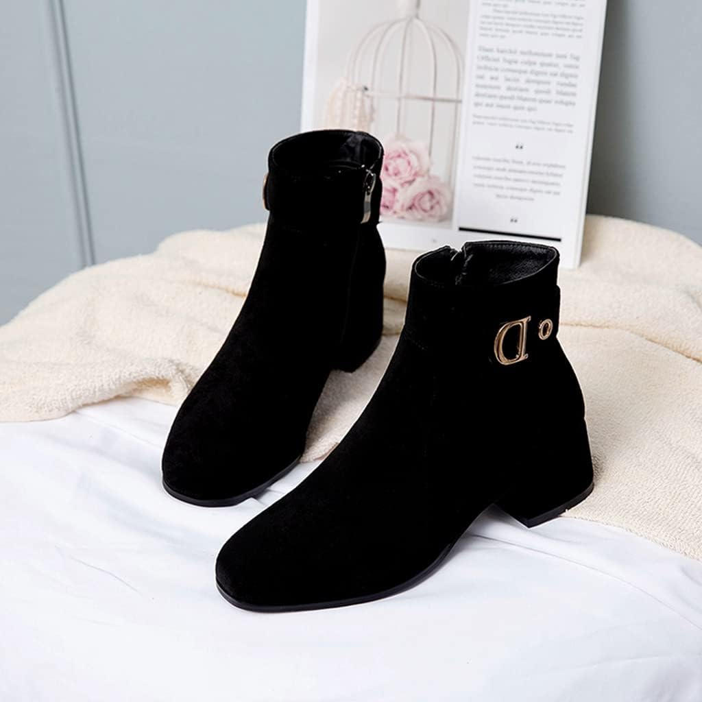 Women's Round Toe Dressy Ankle Boots Suede Metallic Side Zipper Block Low Heels Dress Short Booties