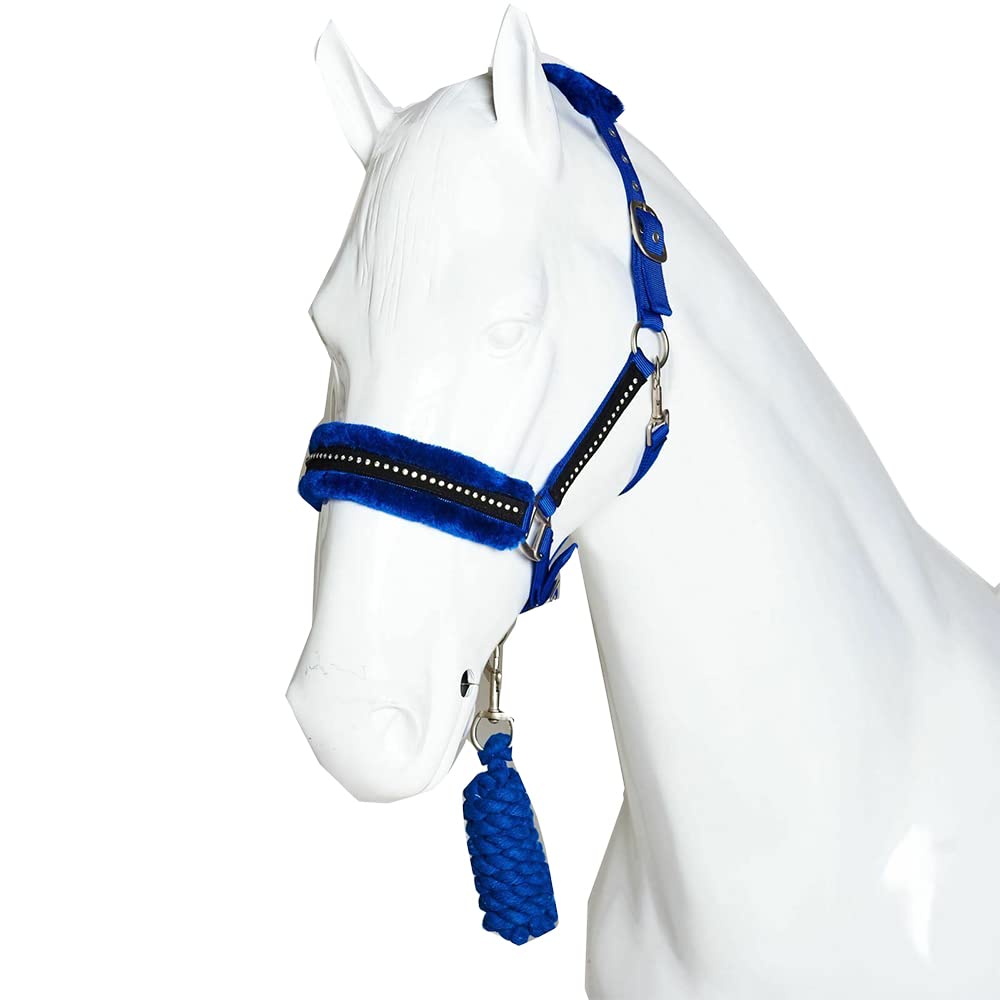 Fluffy Headcollar and Leadrope Set - Diamante Soft Fur Padded Halters for Horses - Super Flexible and Adjustable Pony Controller Equipment for Training and Outdoor Riding (Pony, Royal Blue)