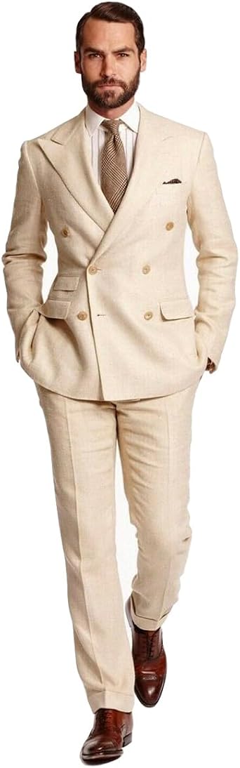 Mens Beige Linen Double Breasted Peak Lapel Blazer Casual Groom Tuxedo Wedding Prom 2 Pieces Suit