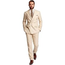 Men's Beige Linen Double Breasted Peak Lapel Blazer Casual Groom Tuxedo Wedding Prom 2 Pieces Suit