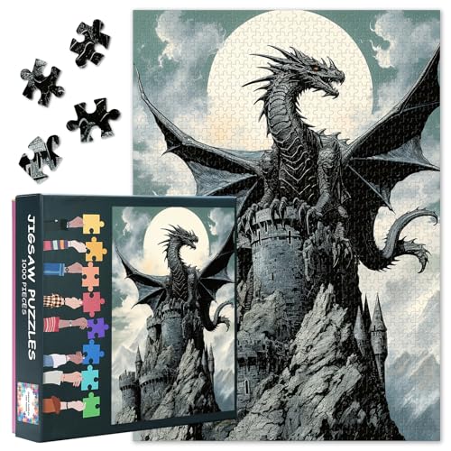 Image of Dragon Puzzles Dragon on the Hill in the Moonlight Puzzle for Adults 1000 Pieces Fantasy Jigsaw Puzzles 1000 Pieces, Magic Puzzle, 19.5 x 27.5 Inch