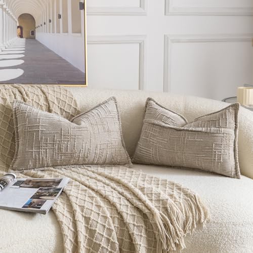 Image of MADIZZ Pack of 2 Chenille Throw Pillow Covers 12x20 Inch Taupe Soft Neutral Decorative Throw Pillows for Couch Sofa Boho Accent Cushion Covers Modern Farmhouse Home Decor for Bedroom Living Room