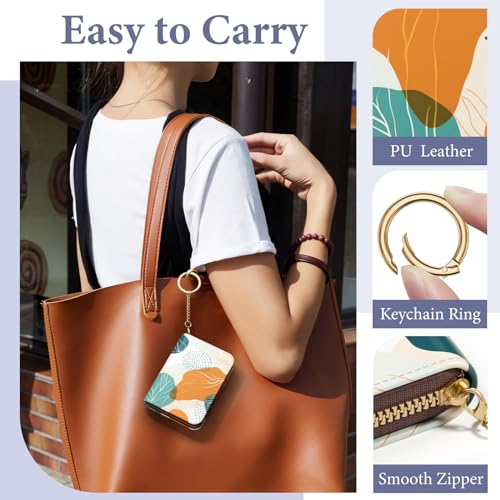 Image of Credit Card Holder RFID Wallet for Women, Small Leather Card Organizer Case with Zipper and Keychain, Red Leaf