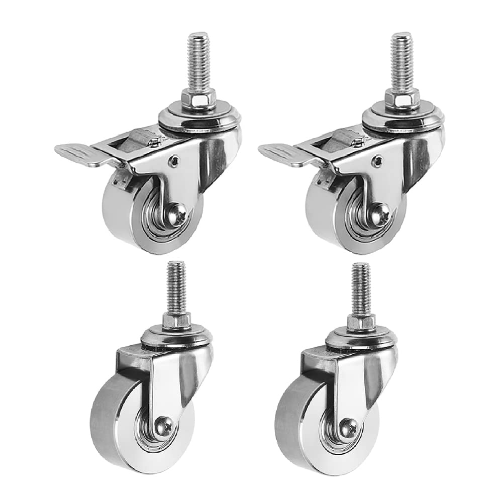 100% SUS304-Edelstahl-Rollen Gewinde M10 Korrosionsbeständig Hochtemperaturbeständig 1.5'' 2 Zoll Solide lenkbare Lenkrollen mit Bremse für Möbel Labor Öfen 4 Stück