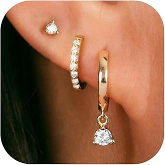 3 Pairs Small Hoop Earring Stacks, 14K Gold/Silver/Black/Rose Gold Plated Pearl Heart Butterfly Bow Star Moon Leaf CZ Hoop Charm Huggie Earrings Trendy Jewelry Gift for Women