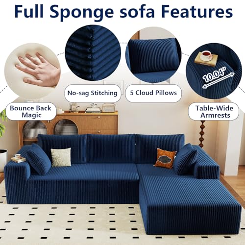Image of 96 inch Modular Sectional Sofa, Modern Corduroy Cloud Couch with Deep Seat, Boneless Couch Upholstered 3-Seater L-Shaped Sofa for Living Room, No Assembly Required (Blue, Right-Facing Chaise)