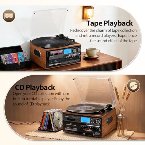 Image of Record Player Built-in Speakers 10 in 1 Vintage Turntable with CD Cassette Tape Player AM FM Radio Function 3 Speed BT Input Output LP Player Support USB SD AUX RCA Playback Auto Stop Retro Wood Brown