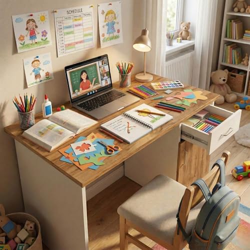 Image of FFO Wooden Computer Table with Storage - Study Desk for Students & Adults, Writing Table, Laptop Desk, Office Work Table for Home, White & Coach Wood DIY Assembly