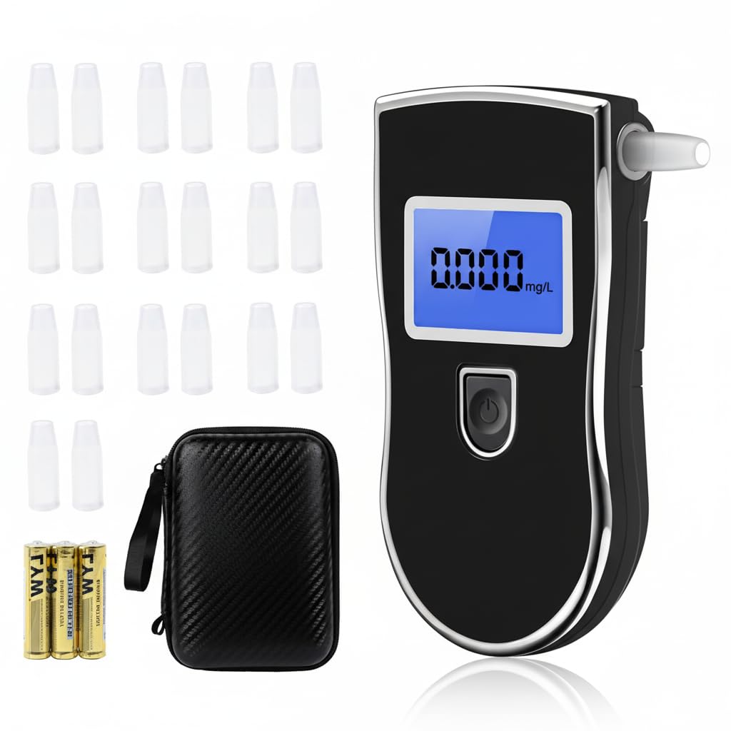 Alkoholtester Digital mit LCD Display, Tragbarer Atemalkoholtester mit Halbleiter-Sensor, Schnelles Alkoholmessgerät mit 20 Mundstücken, Kompakter Promille Tester für Zuhause und unterwegs