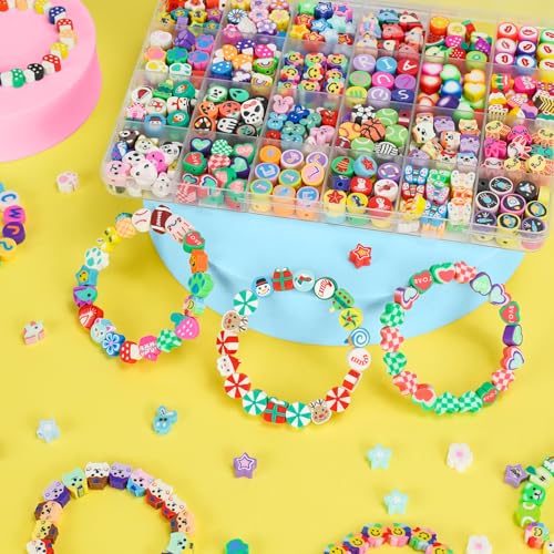 Image of Gionlion 500 Pcs Polymer Clay Beads Bracelet Making Kit，24 Style Animal Fruit Flower Butterfly Bunny Pony Letter Beads Charms for Jewelry Making, DIY Art and Crafts Toys Gifts for 4+ Year Old Kids