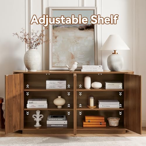 64" Sideboard Buffet Cabinet with Storage, Modern Fluted Accent Credenza with Adjustable Shelves, Wood Media Console Coffee Bar Table for Living Room Kitchen Dining Room, 31.5" H, Walnut - Image 7
