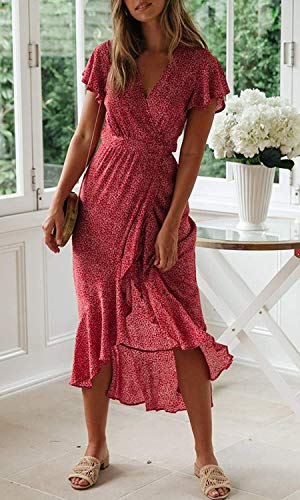 ZESICA Women's 2025 Bohemian Floral Printed Wrap V Neck Short Sleeve Split Beach Party Maxi Dress2