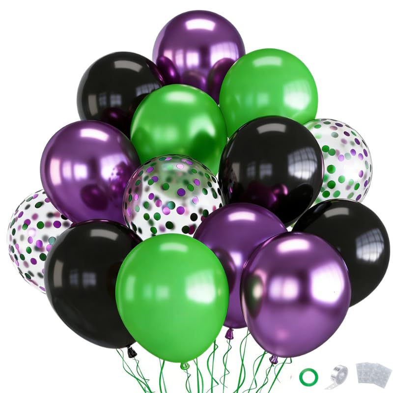 Image of Green and Purple Balloons, 70pcs Light Green Purple Black Balloons with Confetti for Birthday Party Supply