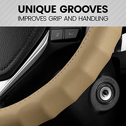 Image of BDK Genuine Leather Steering Wheel Cover Small 13.5 inch-14.5 inch Beige