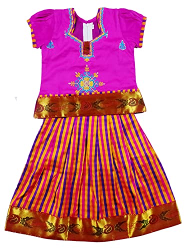 Image of Girls Traditional Silk Pavadai Sattai Lehenga Choli with Waist Belt | Ethnic Festival Wear for Girls, Perfect for Weddings, Pongal, Religious & Special Occasions