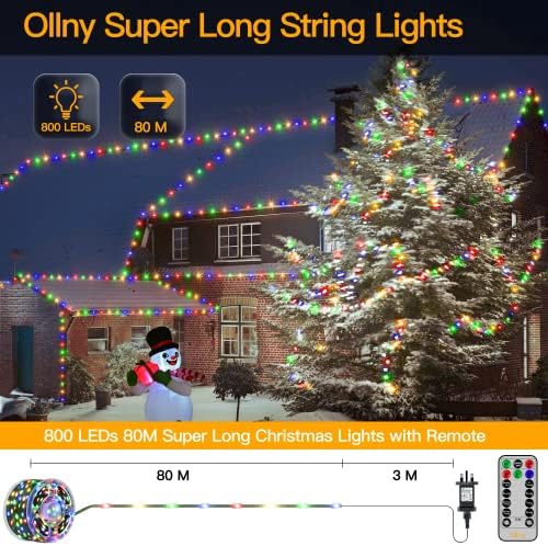 Ollny Outdoor Christmas Tree Lights 80m 800 LED Long Fairy Lights Mains Powered Waterproof Coloured Xmas String Lights 8 Modes/Timer/Remote for Indoor/Outside/Window/Party/Bedroom/Garden Decorations