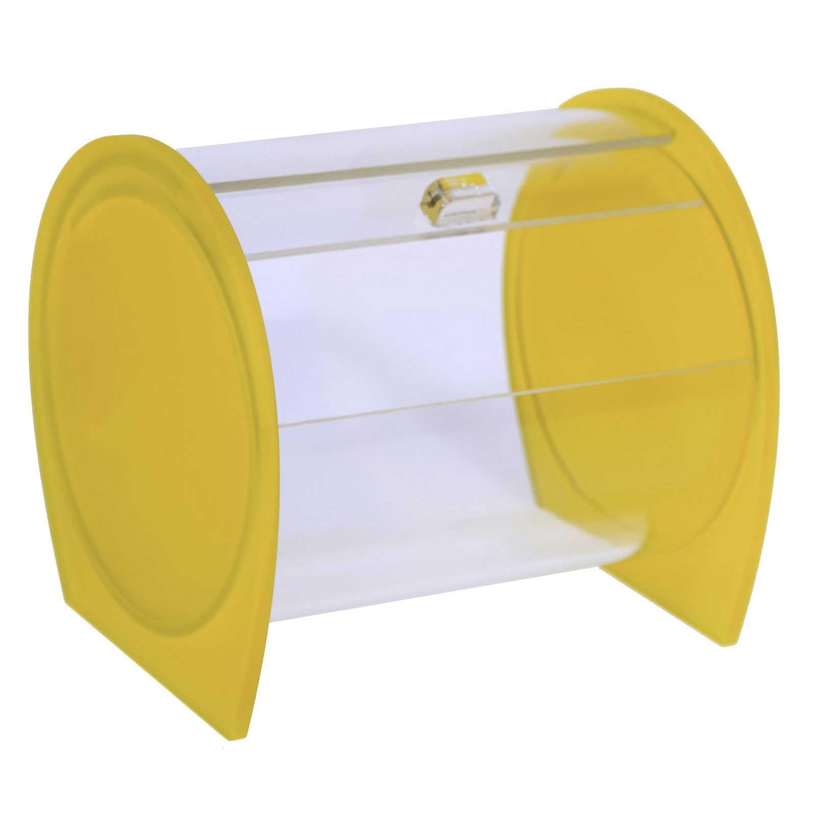 Portacaramelle confezionate sezione circolare in plexiglass trasparente e con pannelli laterali in plexiglass satinato GIALLO - Misure totali: L 15 x P 14 x H 14 cm
