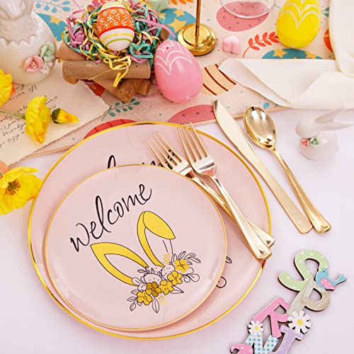 Dayammi 210Pcs Easter Pink Gold Plastic Plates, Party Plates With Bunny Egg Design Include 30 Dinner Plates,30 Dessert Plates,90 Gold Plastic Cutlery,30 Plastic Cups For Spring Holiday Easter Party #TOP2