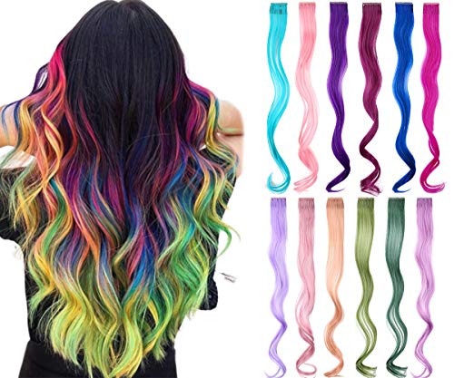 Colored hair extensions 22 Inch Rainbow Hair Synthetic straight Hair Extensions for Women Girls Kids Gift Multi-Colors Party Clip in Synthetic Hairpiece