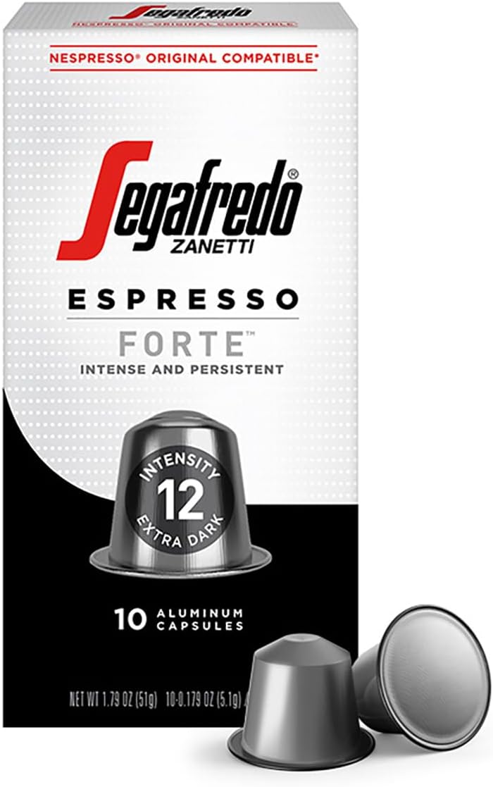 Segafredo Zanetti Espresso Capsules – Aluminum Pods for Nespresso Original Machines – Extra Dark Roast Premium Espresso with a Bold Aroma – Smoky, Intensity 12 – Forte, 10 Count