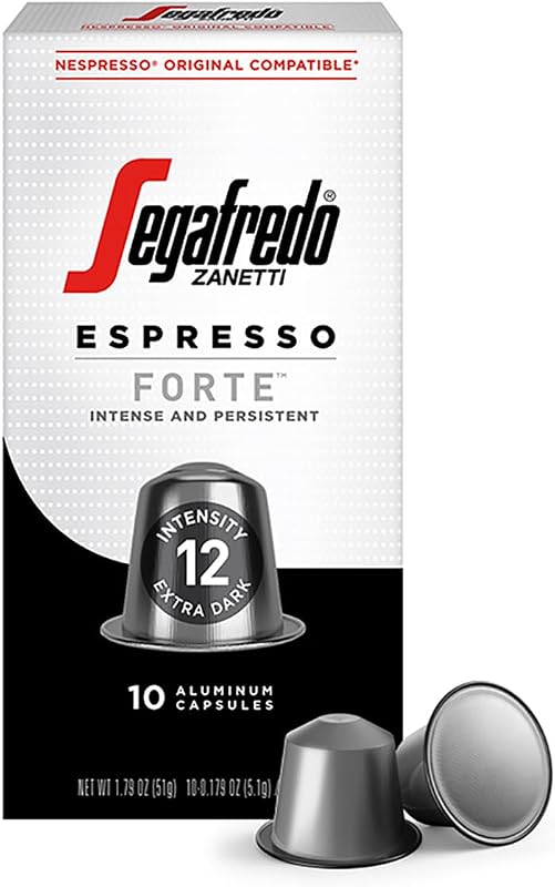 Segafredo Zanetti Espresso Capsules – Aluminum Pods for Nespresso Original Machines – Extra Dark Roast Premium Espresso with a Bold Aroma – Smoky, Intensity 12 – Forte, 10 Count
