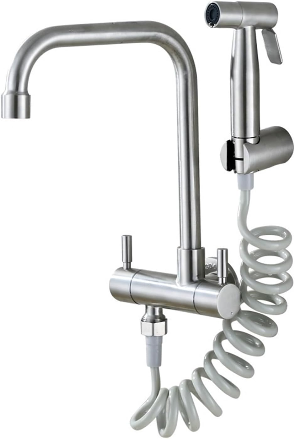 Wall-Mounted Kitchen Stainless Steel Cold Water Quick-Open Balcony Laundry Pool Faucet with Sprayer Bidet Shower Head(Faucet Set)