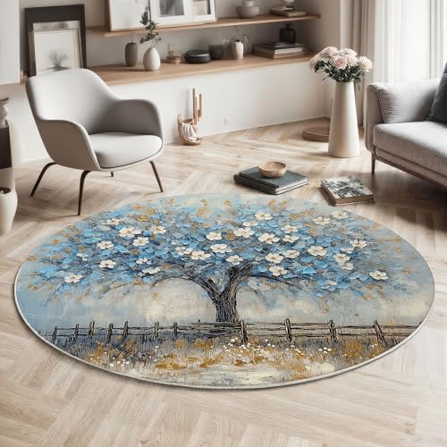 Tapis rond 120cm bleu décoration intérieur lavable et durable - 4