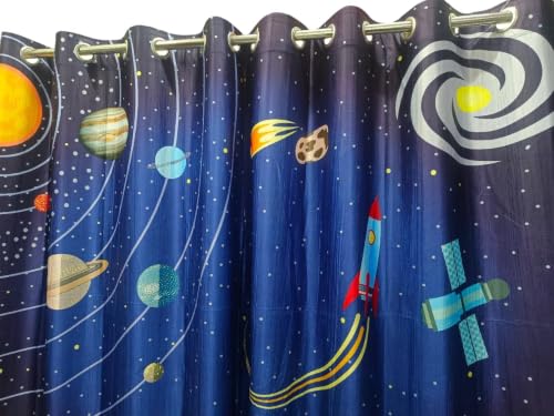 Image of Space Theme Curtains for Kids Room | Planets Cartoon Curtains 4x5 feet Set of 3 | Window Parde Galaxy Print Blinds for Boys & Girls Room | Window Curtain Panel Blue