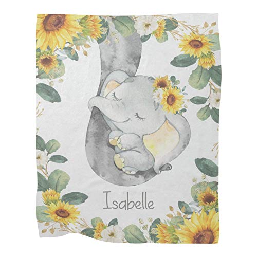 Sunflower Elephant Baby Girl Blankets with Name Custom Personalzied Baby Nursery Super Soft Fleece Blanket for Boy Girl Birthday 30x40 Inches