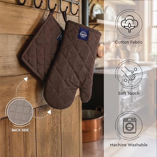 Image of Encasa XO Heat Resistant 100% Cotton Oven Glove & Potholder Set with Loop, Kitchen Cooking Mittens, Microwave Safe Hot Pads (Dark Taupe & Beige)