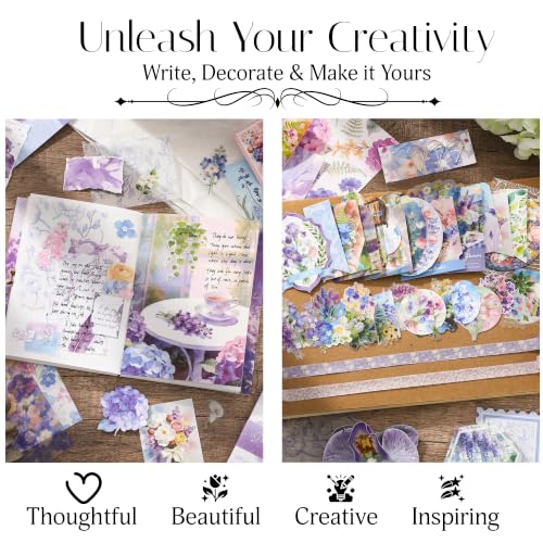 Image of The AutoStory Vintage Scrapbook Album Kit - A6 Junk Journal Notebook with Aesthetic Stickers, Collage Paper Pack & Washi Tape - DIY Journaling Supplies Gift for Teens & Girls (Twilight Iris, Purple)