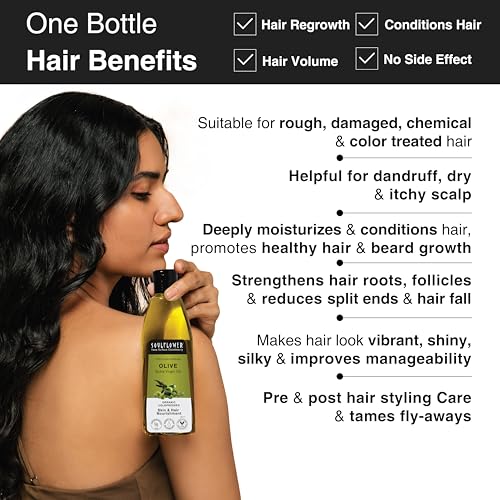 Image of Soulflower Olive Hair Oil for Hair Growth, Anti Hair Fall, Strong Hair & Repair Damaged Hair, Moisturizer for Fine Lines & Wrinkles, Makeup Primer, 100% Pure & Natural Coldpressed, 225ml (Pack of 2)