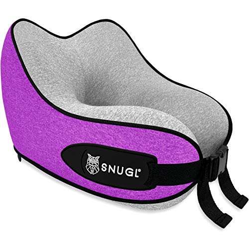 SNUGL Travel Pillow for Kids - Premium Ergonomic Design Memory Foam Cushion - Head, Neck & Chin Support for Airplane, Train or Car - Travel Bag with Carabiner Clip Included (Lilac Purple)