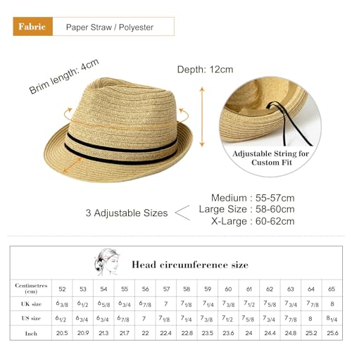 Image of Comhats Oversize XL XXL Mens Summer Straw Fedoras Sun Hats Panama Derby Packable 57-64cm 22.4 inch-25.2 inch 7 1 /8-8